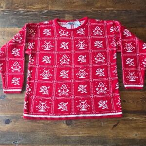 Vintage Cabin Creek Petite L/G Red White Fair Isle Floral Knit Sweater cabincore